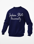 Navy unisex crewneck sweatshirt with white script university logo