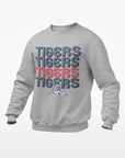 Light gray crewneck sweatshirt with multicolor Tigers retro striped graphic and tiger mascot