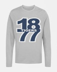 Athletic heather gray long-sleeve crew neck T-shirt with “18 Tigers” front graphic
