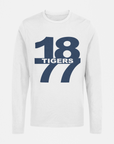 White long-sleeve crew neck T-shirt with “18 Tigers” front graphic