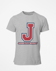 Kids' heather gray crew neck T-shirt with J logo and Jackson State University label