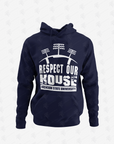 Navy blue pullover hoodie with front puff print graphic and hood drawstrings.