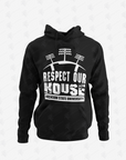 Black pullover hoodie with front puff print graphic and hood drawstrings.