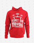 Red pullover hoodie with front puff print graphic and hood drawstrings.