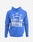 Light blue pullover hoodie with front puff print graphic and hood drawstrings.