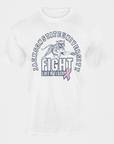White unisex crewneck T-shirt with tiger fight graphic and pink awareness ribbon