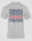 Athletic heather grey unisex crewneck T-shirt with Tigers stacked striped lettering