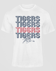 White unisex crewneck T-shirt with Tigers stacked striped lettering and tiger logo