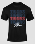Black unisex crewneck T-shirt with Tigers stacked striped lettering and tiger logo