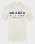 Cream unisex crew-neck T-shirt with blue “Tigers” and “Jackson State University” logo