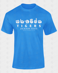 Unisex crew neck T-shirt, royal blue with Tigers and Jackson State University logo