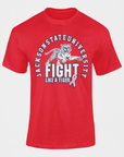 Red unisex crewneck T-shirt with tiger fight graphic and pink ribbon awareness
