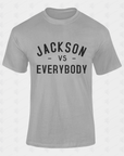 Unisex crewneck short sleeve T-shirt, light gray with dark front text graphic