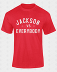 Unisex crewneck short sleeve T-shirt, red with white front text graphic