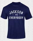 Navy short sleeve crewneck T-shirt with white “JACKSON vs EVERYBODY” lettering.