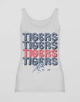 White sleeveless graphic tank with stacked TIGERS text and tiger mascot