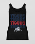 Black sleeveless graphic tank with stacked TIGERS text and tiger mascot print