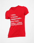 Red v-neck T-shirt with large front text graphic and logo