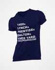 Navy v-neck T-shirt with large front text graphic and logo