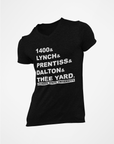 Black v-neck T-shirt with large front text graphic and logo