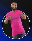 Unisex crew neck short-sleeve t-shirt, pink with THEE BLACKOUT front graphic