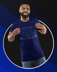 Unisex crew neck short-sleeve t-shirt, navy with THEE BLACKOUT front graphic