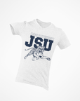White V-neck T-shirt with JSU lettering and leaping tiger graphic