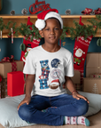Youth Christmas T-shirt, white crew neck with football and helmet team graphic