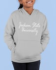 Light gray youth hooded sweatshirt with white script logo and front kangaroo pocket
