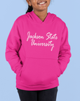 Pink youth hooded sweatshirt with white script logo and front kangaroo pocket