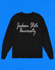 Black long-sleeve crewneck T-shirt with centered white script logo