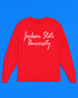 Red long-sleeve crewneck T-shirt with centered white script logo