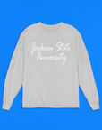 Athletic heather gray long-sleeve crewneck T-shirt with centered white script logo