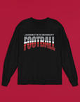 Black long-sleeve crew neck football T-shirt with stacked "Football" graphic, front view