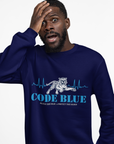Navy crewneck sweatshirt with Code Blue graphic on chest, worn by model