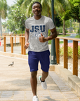 White V-neck T-shirt with JSU lettering and leaping tiger graphic on model
