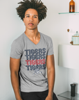 Athletic heather grey v-neck short-sleeve t-shirt with Tigers wordmark and tiger graphic