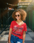 Red retro short-sleeve T-shirt with v-neck and Tigers graphic print