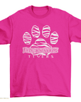 Unisex crew neck t-shirt, pink with white tiger paw graphic and Tigers text