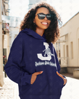Navy pullover hoodie on person with white J and leaping tiger graphic on front