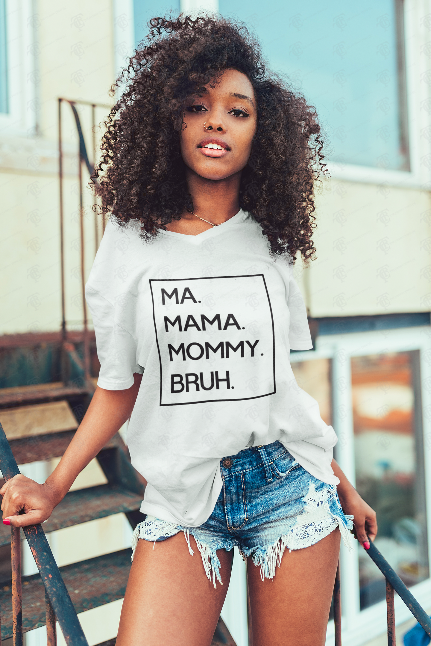 Ma Mama Mommy Bruh V-Neck T-Shirt w/ Black Lettering