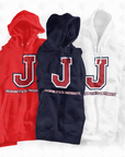 Set of hoodies: red, navy, and white pullover styles with J logos and text.
