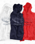 Three-color pullover hoodie set: white, navy, red; stadium graphic and pouch pockets