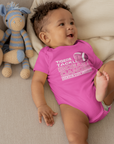 Pink infant bodysuit with round neck and front breast cancer graphic