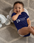 Infant short-sleeve bodysuit in navy with Jackson State logo, worn by baby