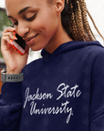 Navy pullover hoodie with 'Jackson State University' script logo, side portrait