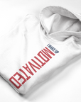 White pullover hoodie laid flat, hood up, large red graphic logo on front