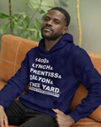 Unisex pullover hoodie, navy with front block text graphic, hood and front pouch