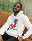 White pullover hoodie worn by a man, showing the front J logo and university text.