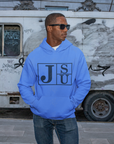 Unisex pullover hoodie, blue, front hood and kangaroo pocket with blue block letter logo